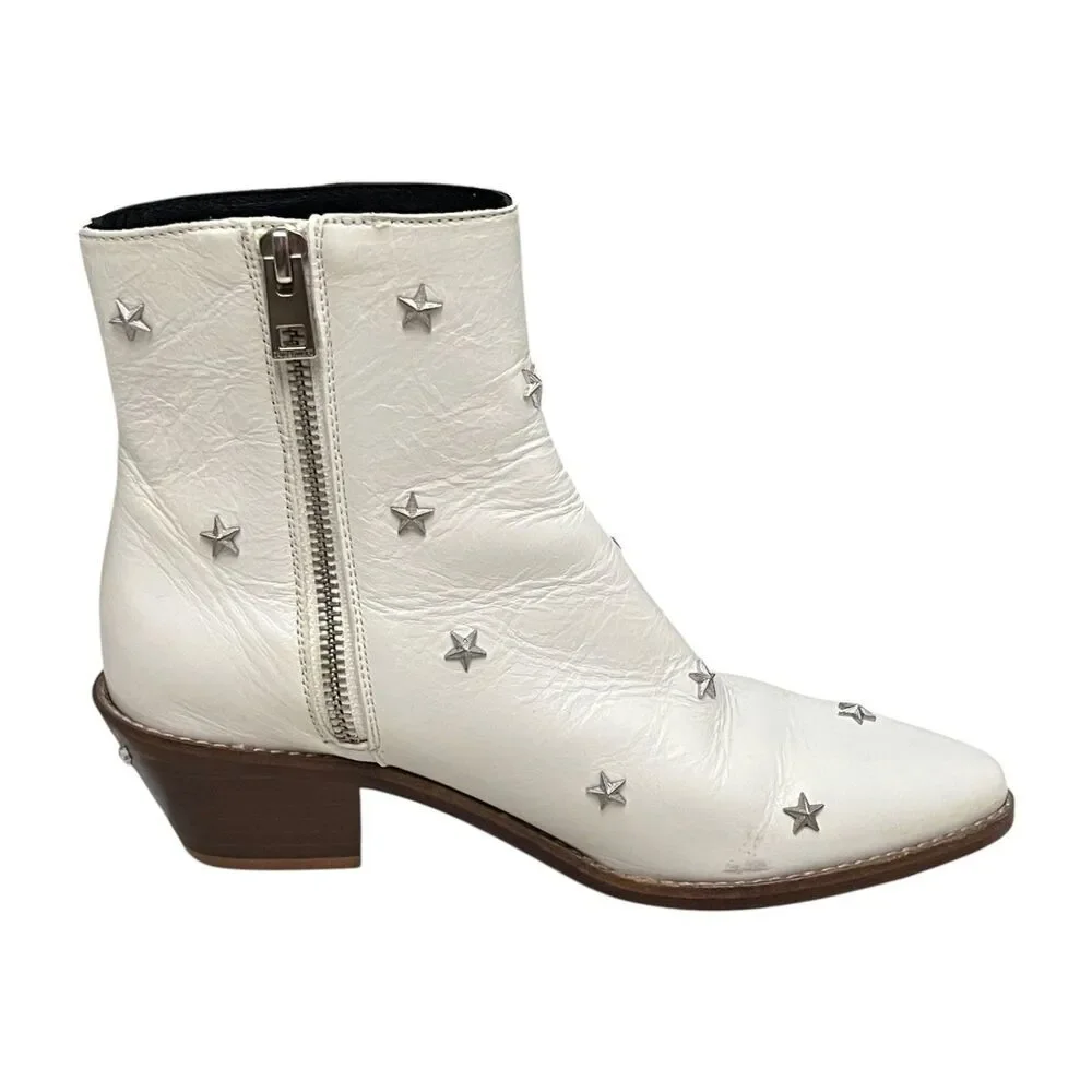 Zadig & Voltaire Tyler Star Stud Leather Ankle Boots White Western EU 37 US 6